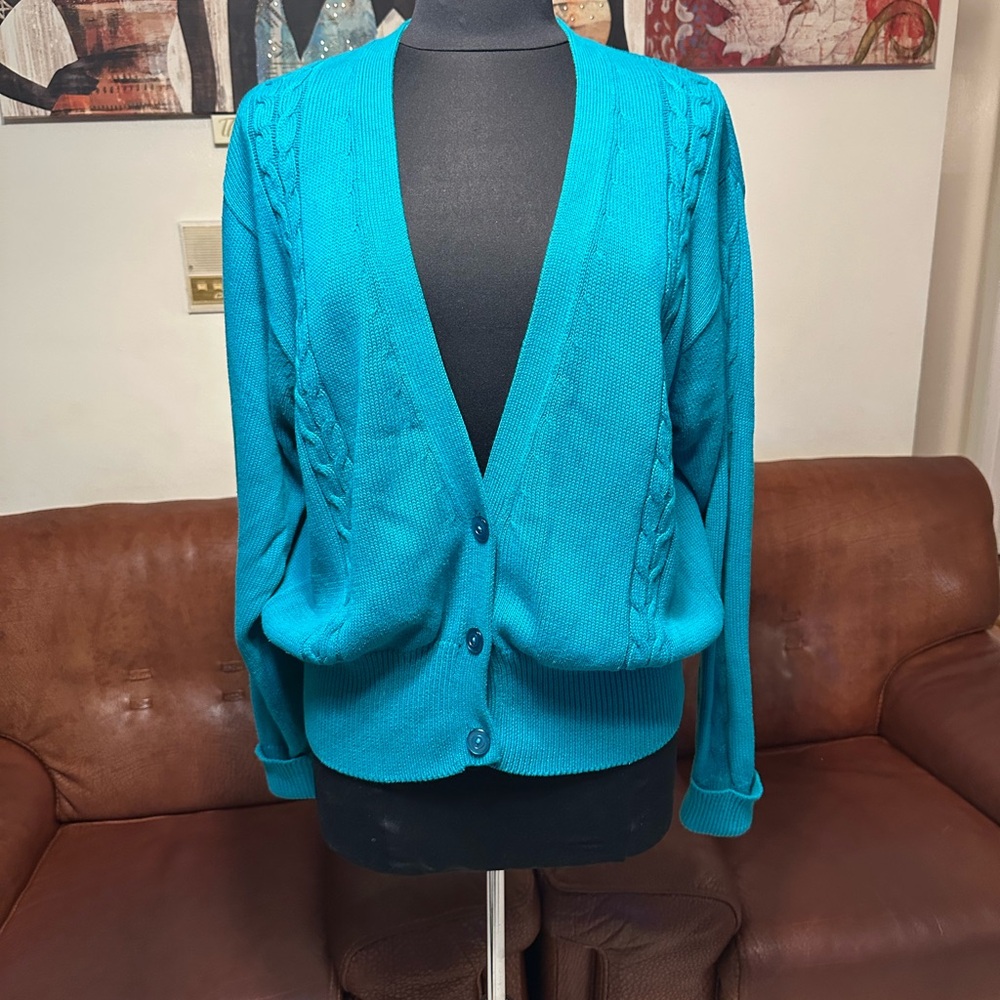 ESSENTIAL ELEMENTS 💯 COTTON SIZE L V-NECK CABLE KNIT CARDIGAN SWEATER WOMEN